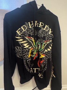Ed Hardy Black Zip-Up Sweatshirt with Multicolor Dragon Graphic